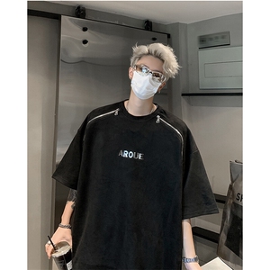 美式复古短袖T恤男夏季潮牌亮片设计感潮流宽松百搭麂皮绒体恤衫图片