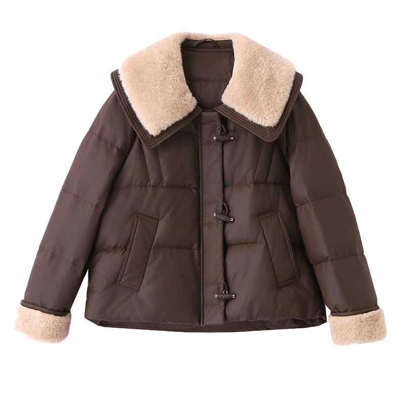 羊羔毛领拼接PU皮羽绒服女2025冬季新款小个子气质显瘦白鸭绒外套,女装羽绒服,慕咨