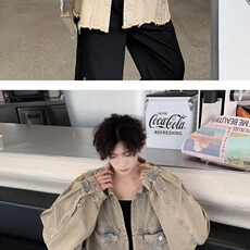 复古水洗做旧牛仔外套男士春秋美式ins潮牌宽松高街翻领夹克，男装工装外套，星座1210-1