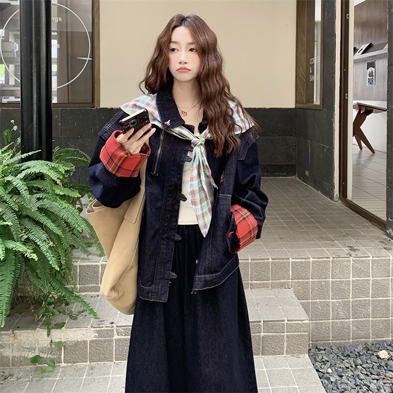 休闲丝巾格纹拼接牛仔上衣阔腿裤套装女2025秋新款减龄高级两件套,女装短外套,2C292
