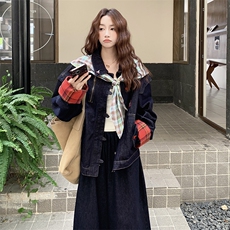 休闲丝巾格纹拼接牛仔上衣阔腿裤套装女2025秋新款减龄高级两件套，女装短外套，2C292