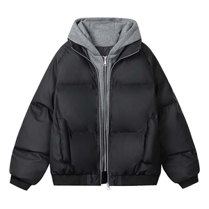 现货高品质重磅工艺美式高街假两件PU皮棉衣男女加厚棉服外套图片