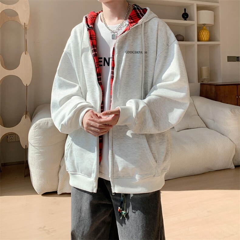 内景秋冬新款复古格子连帽卫衣男休闲宽松外套WY00750/P55加绒P60，女装短外套，电商B316