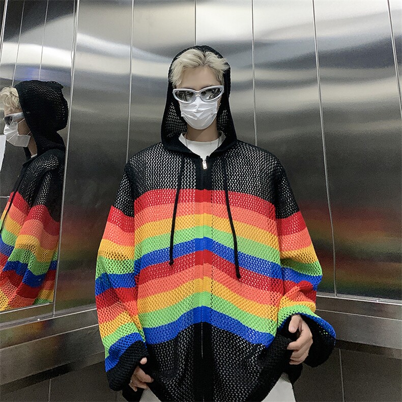 彩虹针织镂空网防晒罩衫上衣男女初秋外套开衫外搭,男装防晒衣,星座410-7