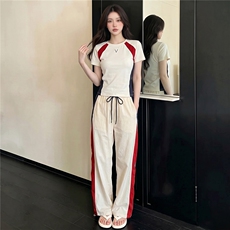 韩版时尚休闲套装女夏季新款高级感圆领撞色拼接上衣阔腿裤两件套，女装套装/套裙，江南