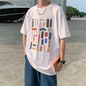 港风复古吃货文字印花t恤男短袖潮流夏季半袖体恤衫T100p35限49