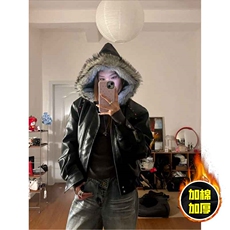 现货冬季美式潮牌痞帅PU皮机车服棉衣毛毛绒狼王座山雕皮棉服，男装棉衣，电商A486