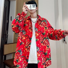 C1长袖男士宽松东北大花港风衬衣外套民族特色团队服，男装民族服装，星座115A(原星座507）