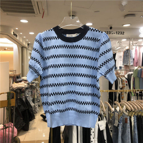 冰丝显瘦套头撞色条纹圆领宽松短袖2021夏韩版针织衫上衣，女装T恤，潮品会