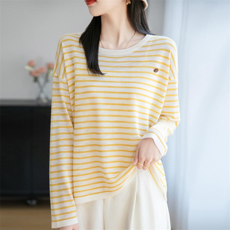 圆领拼色条纹针织衫长袖毛衣女竹节麻刺绣薄款上衣宽松慵懒打底衫，女装防晒衣，菲奥羊绒