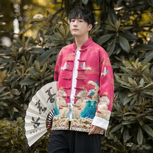 秋冬加厚风盘扣改良潮鹿皮绒数码印花唐装外套男女款  JK96图片