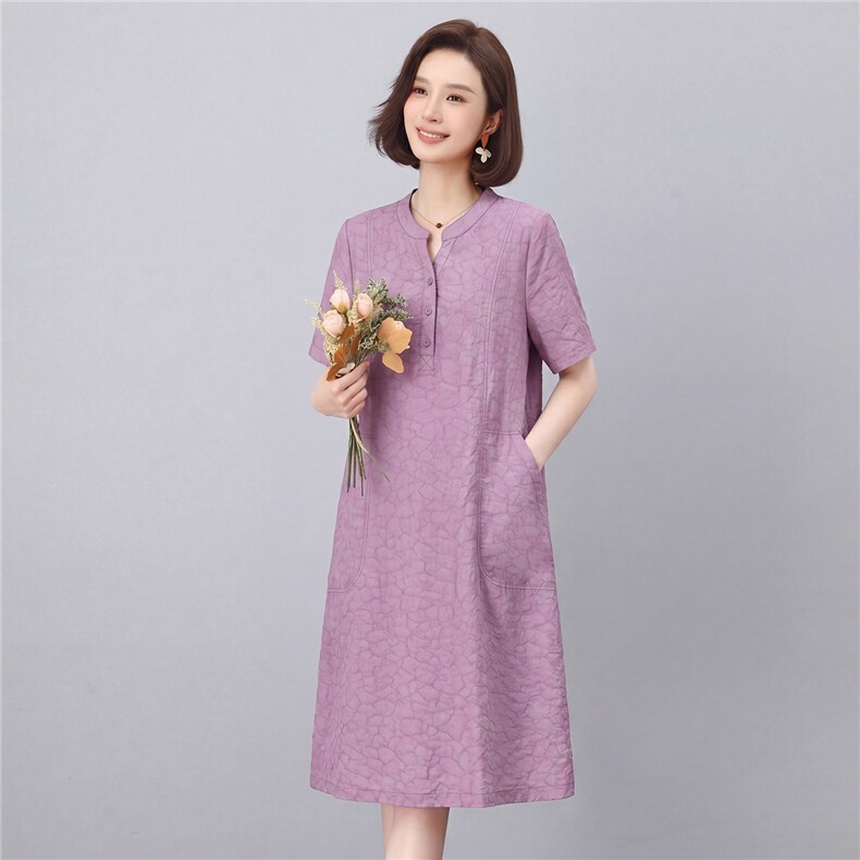 现货2026年夏季优雅大码天丝连衣裙女立领短袖显瘦口袋设计中长裙,女装连衣裙,鑫鑫格