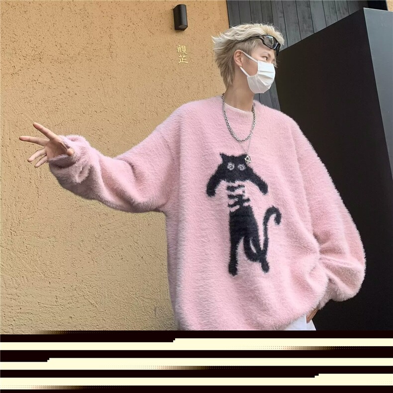 潮牌猫咪慵懒套头毛衣男2024秋冬宽松美式针织衫上衣M03,男装针织衫/毛衣,星座1116A-1（原606A）