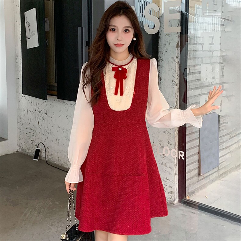 夕昕长袖连衣裙女中长款气质2024春秋新款法式假两件毛呢裙子，女装连衣裙，超帛