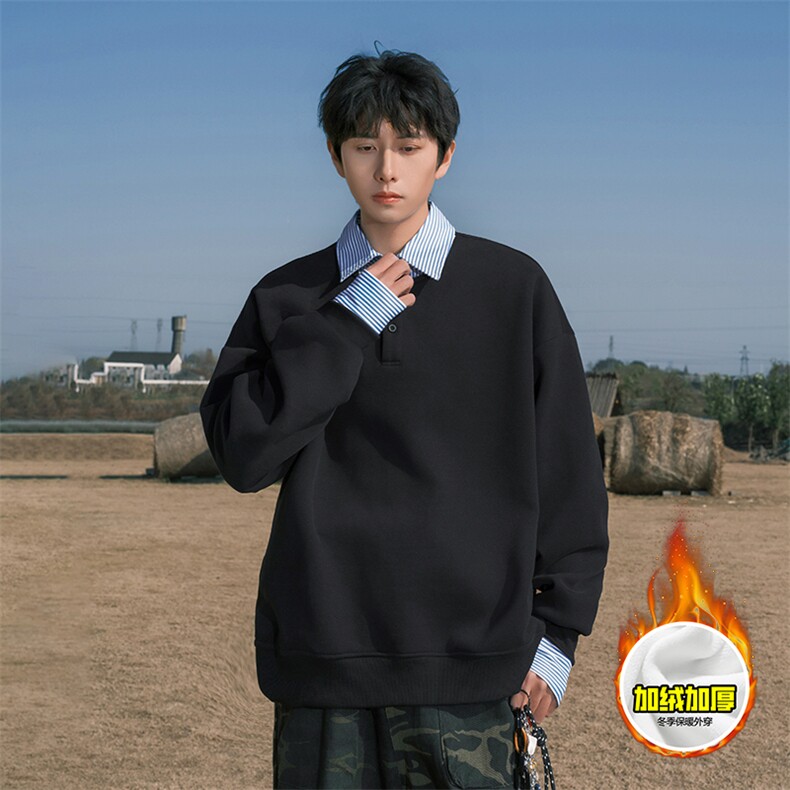 重磅加绒硬挺boxy男女美式高街假两件衬衫领长袖卫衣POLO领打底衫，男装T恤，电商A486-1