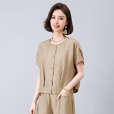 时尚亚麻混纺阔腿裤女夏季2025新款开衫上衣减龄松弛感，女装衬衫，曼沙奕珂