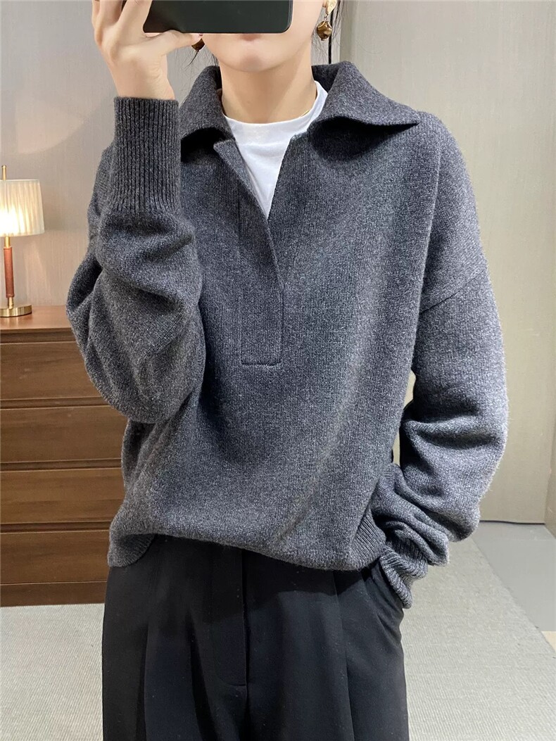 翻领毛衣女慵懒秋冬宽松针织新款长袖内搭套头打底衫，女装羊毛衫，恩泰羊绒