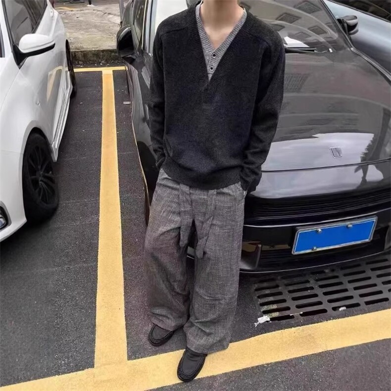 RTIMFD老钱风深V领假两件毛衣氛围感休闲纽扣多穿针织衫cleanfit,男装针织衫/毛衣,四季星座505