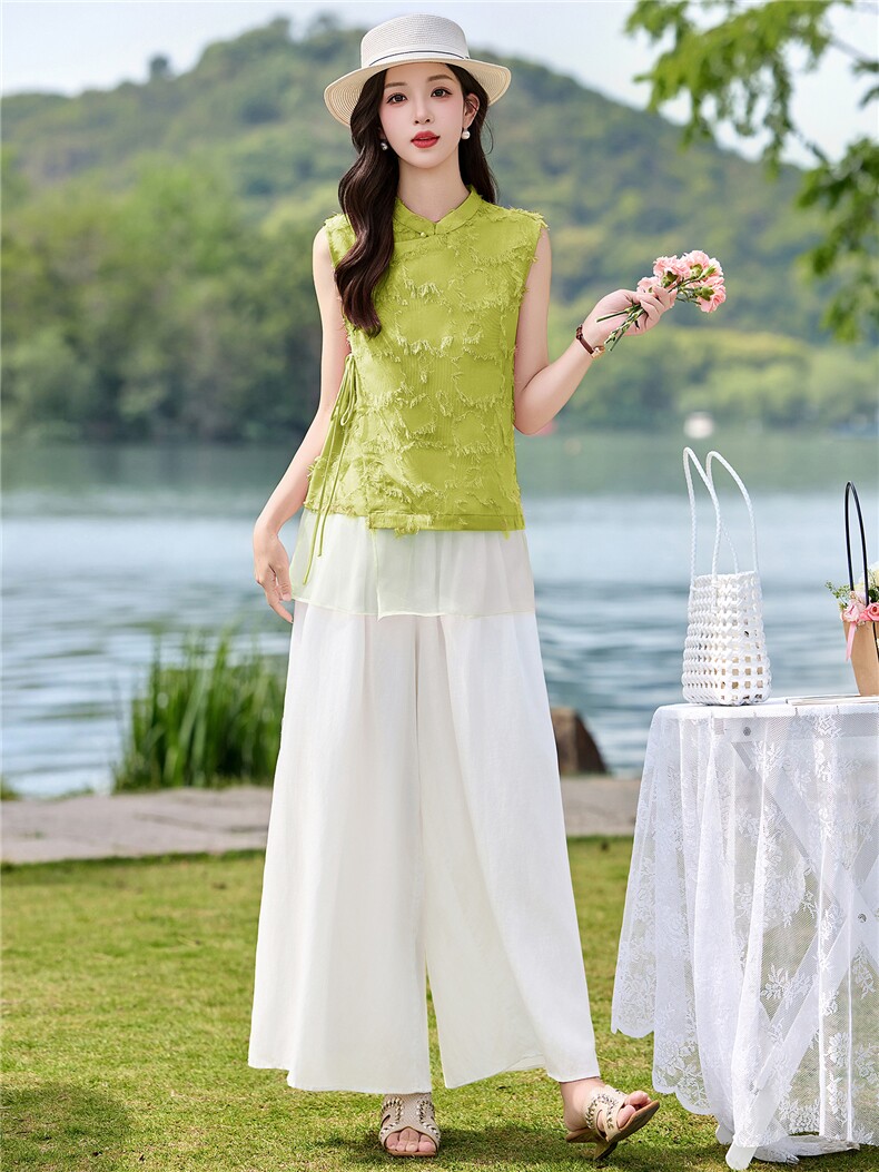 现货2026年夏季新中式上衣麻料阔腿裤子，可分开卖,女装套装/套裙,艾仟回(原伊仟回)
