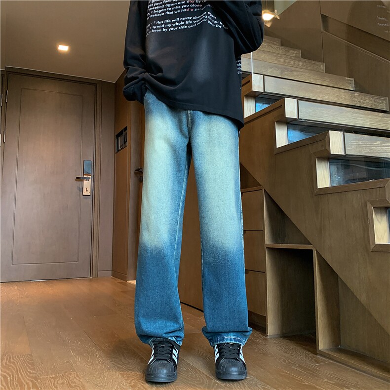 牛仔裤男秋季高街复古水洗做旧阔腿裤微喇潮牌宽松长裤GJ398P45,男装牛仔裤,电商D256A(原A064A)