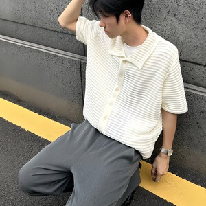 冰爽丝针织镂空翻领短袖男针织衫衬衣开衫T恤 M552 网络图图片