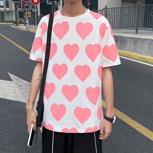 港风全身爱心印花短袖T恤男女夏季纯棉短袖情侣装T127P35控49，男装T恤，电商A089-1