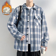 新款加绒银狐绒潮流毛呢格子衬衫重磅480g男J5283J加绒-特P48控98，男装衬衫，电商A001