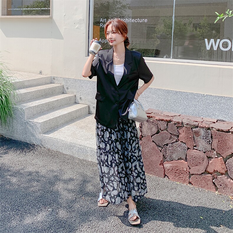 轻熟风韩系轻奢西装套装女夏新款高级感气质显瘦印花半身裙两件套,女装套装/套裙,2C285