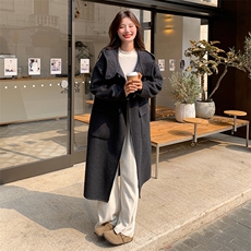 【现货】新款炭黑色牛角扣连帽双面羊绒大衣99016款P265K378，女装毛呢外套，2C316