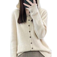 一线成衣100%纯羊毛针织连帽开衫女士长袖毛衣外套宽松羊绒衫上衣，女装针织衫/毛衣，萱芳婷羊绒