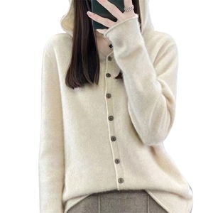 一线成衣100%纯羊毛针织连帽开衫女士长袖毛衣外套宽松羊绒衫上衣图片