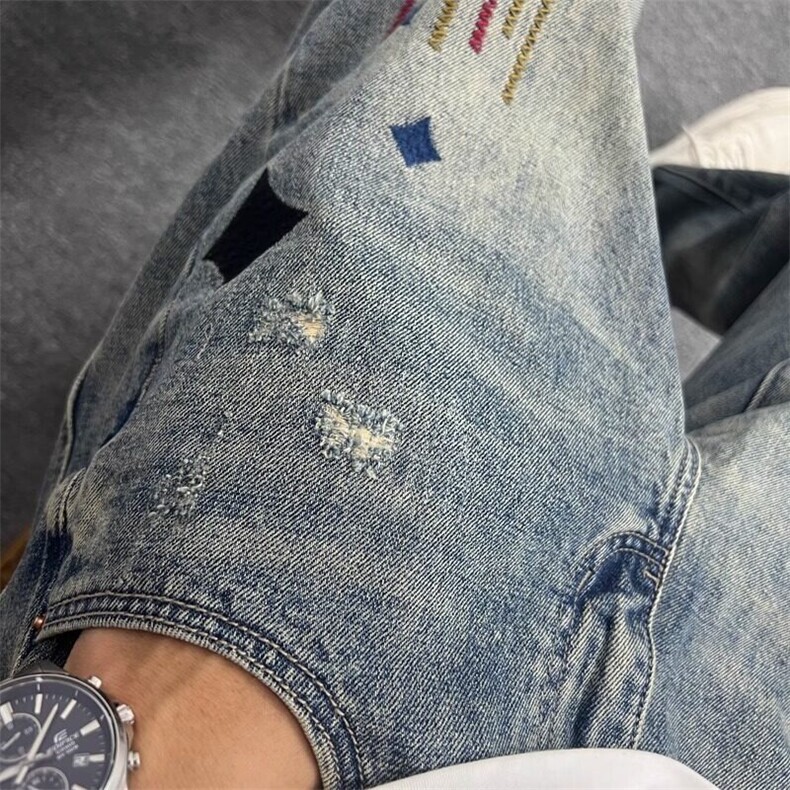 春夏款潮牌美式复古宽松直筒锥形牛仔裤男士青年破洞补丁百搭长裤,男装牛仔裤,星座218-1（原230）