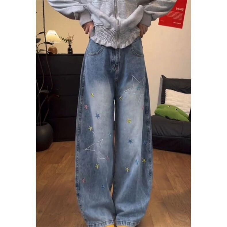 街头个性星星阔腿牛仔裤女春秋新款显高学院风宽松拖地牛仔裤网图,男装牛仔裤,星座302B