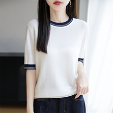 2025夏季天丝针织短袖女拼色圆领T恤上衣宽松提花半袖打底，女装T恤，暖烁羊绒