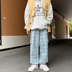 工装裤秋季韩版ins灯芯绒格子直筒阔腿裤宽松休闲长裤K1383-P35，男装休闲裤，星座512-4