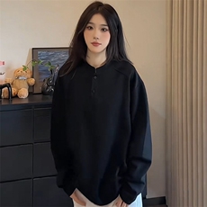 抖音得物品质美式高街重磅曼巴棉拼接cleanfit亨利领卫衣长袖T恤，男装T恤，电商A486