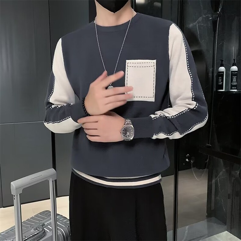 毛衣男秋冬潮牌百搭撞色圆领针织衫男修身潮流套头线衣MY0806-P50,男装针织衫/毛衣,星座308B-2