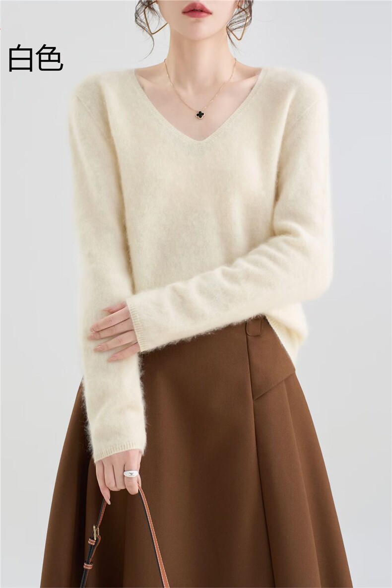 女士V领拉毛加金丝羊毛衫羊毛套头长袖,女装羊毛衫,牧思羊