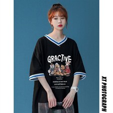 中性春夏新款宽松复古卡通印花撞色螺纹短袖T恤女T6878P40控58，男装T恤，电商A268