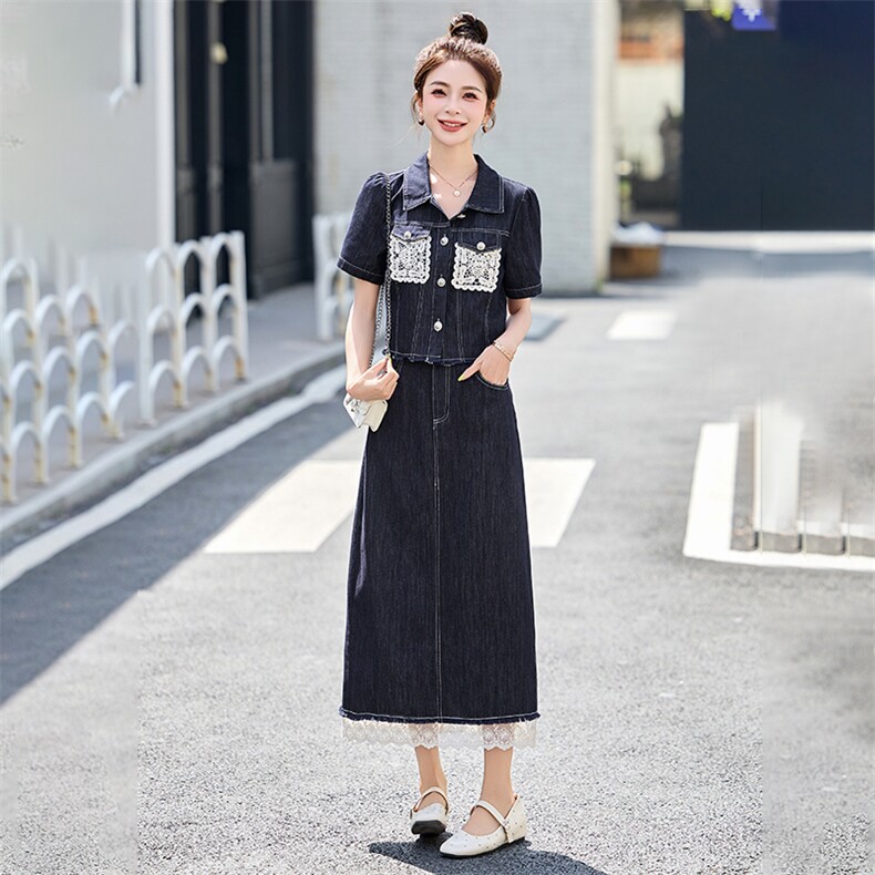 2025夏季新款时尚气质蕾丝拼接牛仔复古洋气套装裙,女装套装/套裙,妙形