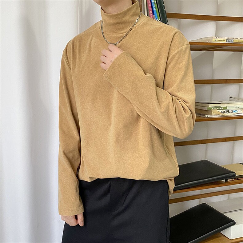 半高领德绒长袖T恤男秋冬季潮牌宽松大码加厚保暖休闲打底衫上衣,男装T恤,电商A351