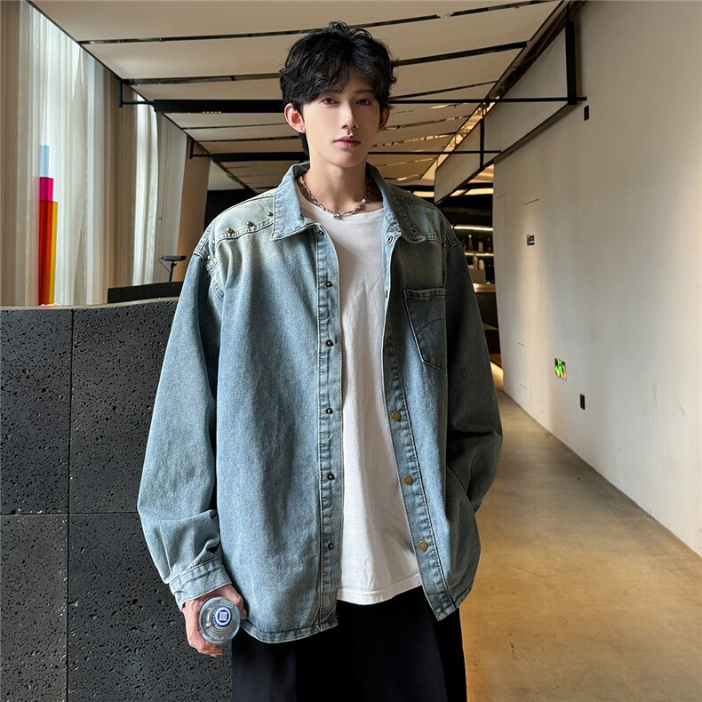 港风秋款男铆钉牛仔夹克衫拼接复古宽松外套JK2559P62,男装工装外套,星座1013-1