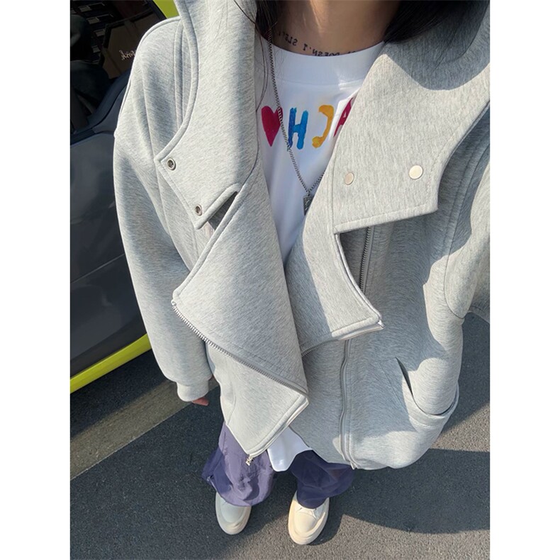 抖音得物品质 26春装美式重磅结构斜拉链高领连帽卫衣开衫外套W61图片