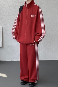8XL-M条纹撞色开衫新年红卫衣运动套装潮牌运动服校园风TZ114P118图片