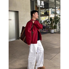 现货MY51-P78红色字母针织毛衣开衫外套男宽松情侣装，男装针织衫/毛衣，星座1501-3