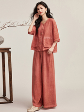 韩城.文艺范苎麻炒色棉麻套装女松驰大码2025夏天透气开衫阔腿裤s，女装套装/套裙，宝儿家