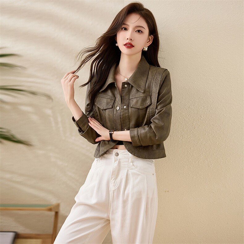 现货宽松蝙蝠袖绿色PU皮衣2024春装新款女装时尚百搭显瘦皮外套女,女装皮衣,江南女神