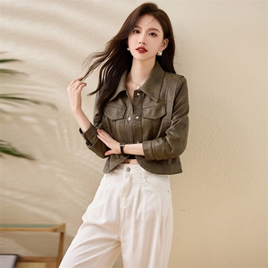 现货宽松蝙蝠袖绿色PU皮衣2024春装新款女装时尚百搭显瘦皮外套女图片