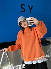 圆领刺绣字母加绒卫衣，女装卫衣/绒衫，美依菱