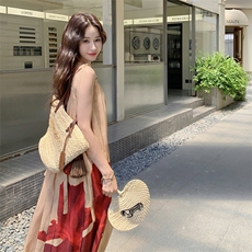 时髦浪漫简约印花连衣裙夏季2025新款甜美日系设计感高腰显瘦长裙，女装连衣裙，2C372